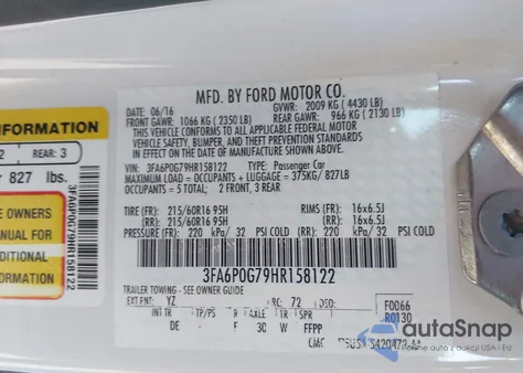 2017 Ford Fusion S z USA, uszkodzony, nr VIN 3FA6P0G79HR158122